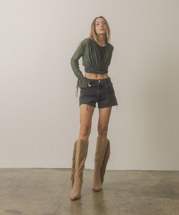 khaki Knee-High Fringe Boots