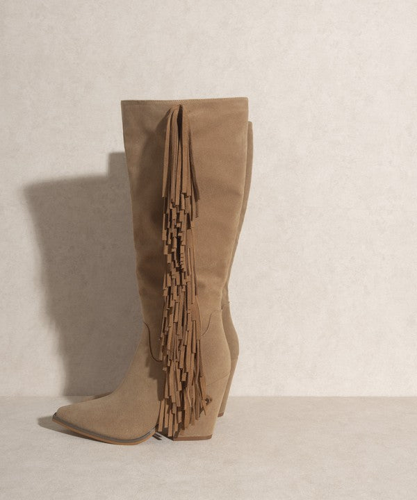 khaki Knee-High Fringe Boots