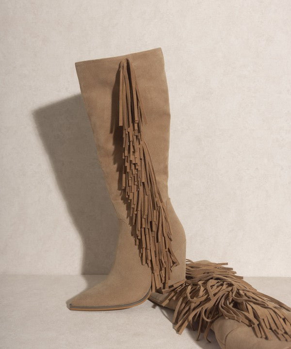 khaki Knee-High Fringe Boots