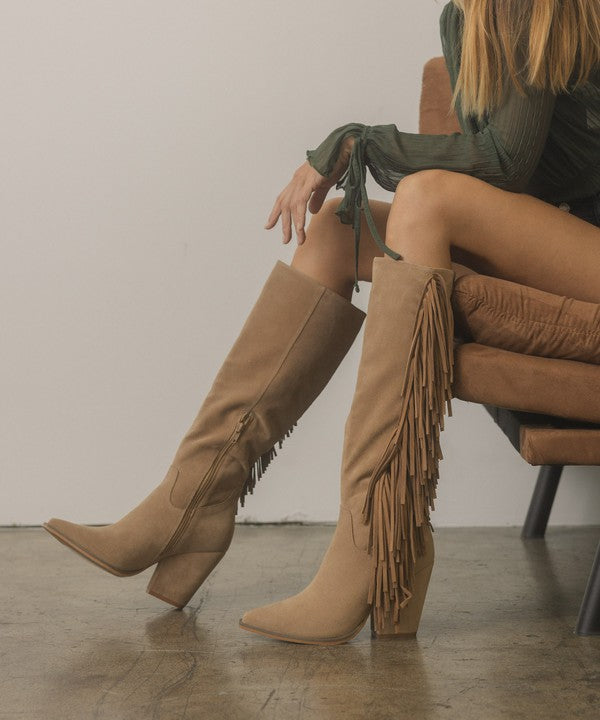 Khaki Knee-High Fringe Boots