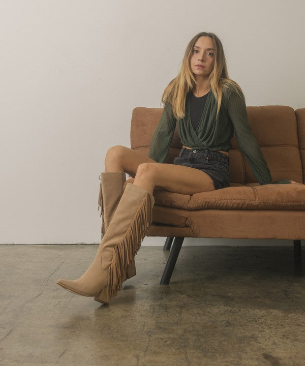 Khaki Knee-High Fringe Boots