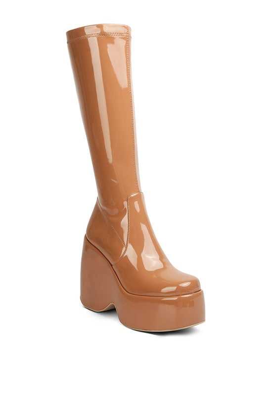 Beige Patent High Platfrom Calf Boots
