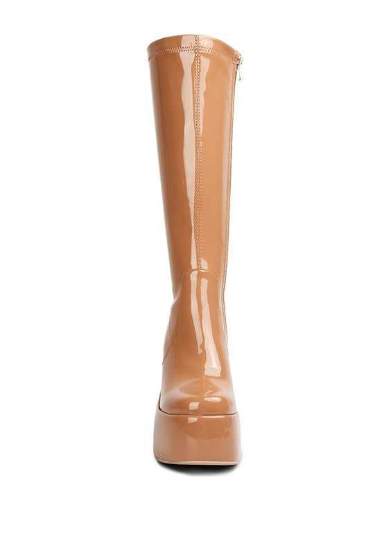 Beige Patent High Platfrom Calf Boots