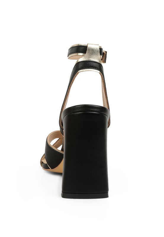 Black and Gold Metallic Lined Slim Block Heel Sandals
