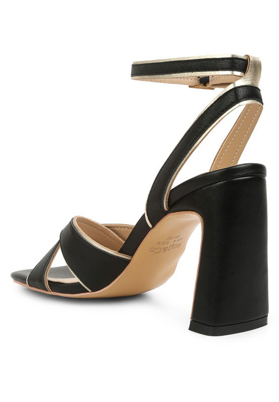 Black and Gold Metallic Lined Slim Block Heel Sandals