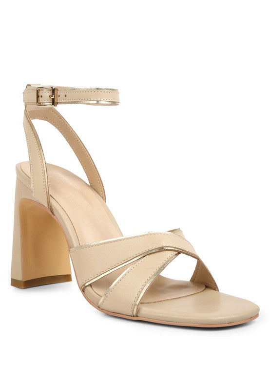 Beige and Gold Metallic Lined Slim Block Heel Sandals