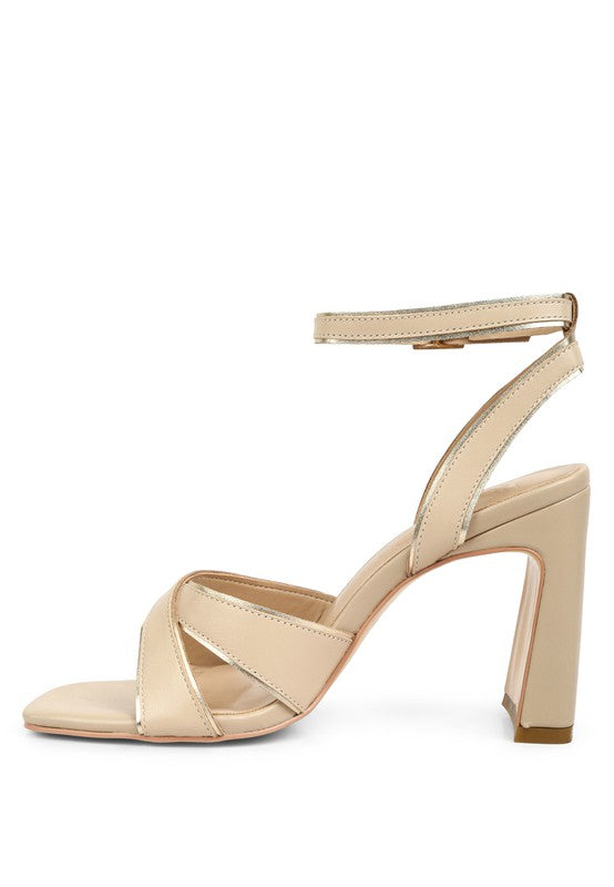 Beige and Gold Metallic Lined Slim Block Heel Sandals