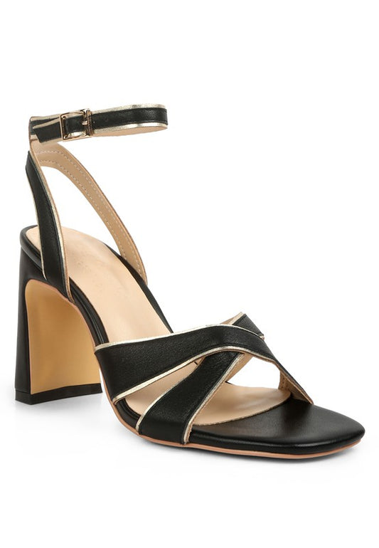 Black and Gold Metallic Lined Slim Block Heel Sandals