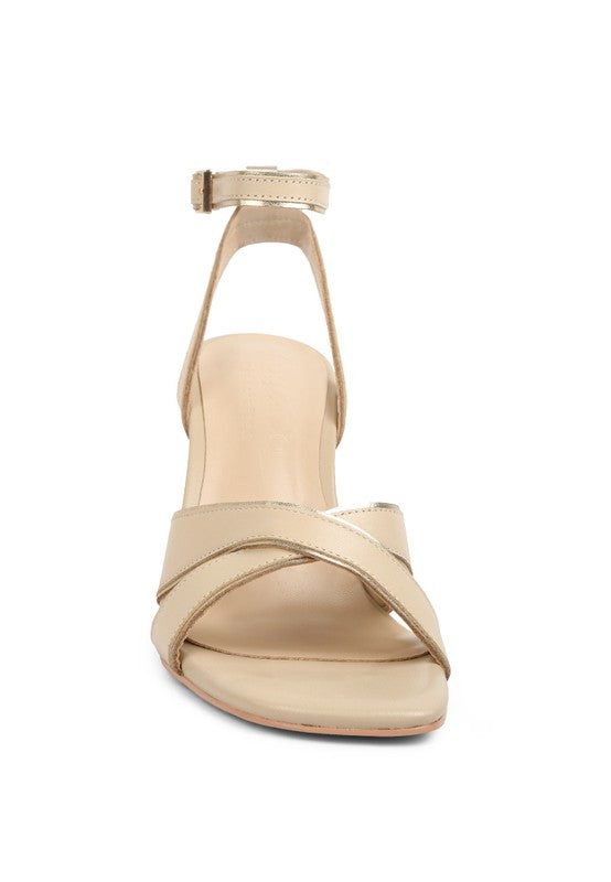 Beige and Gold Metallic Lined Slim Block Heel Sandals