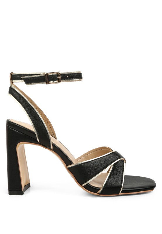 Black and Gold Metallic Lined Slim Block Heel Sandals
