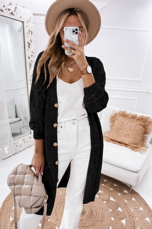 Black Eyelet sweater button cream black pink cardigan