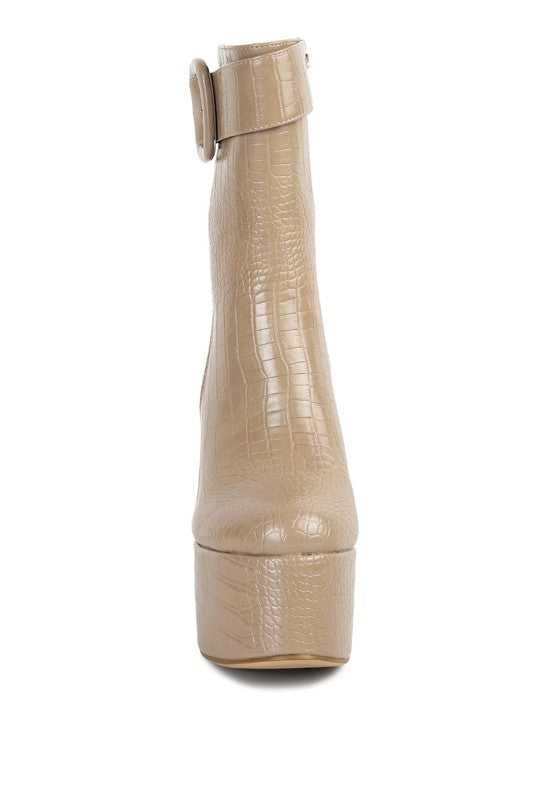 Taupe Bumpy Croc High Block Heeled Chunky Ankle Boots