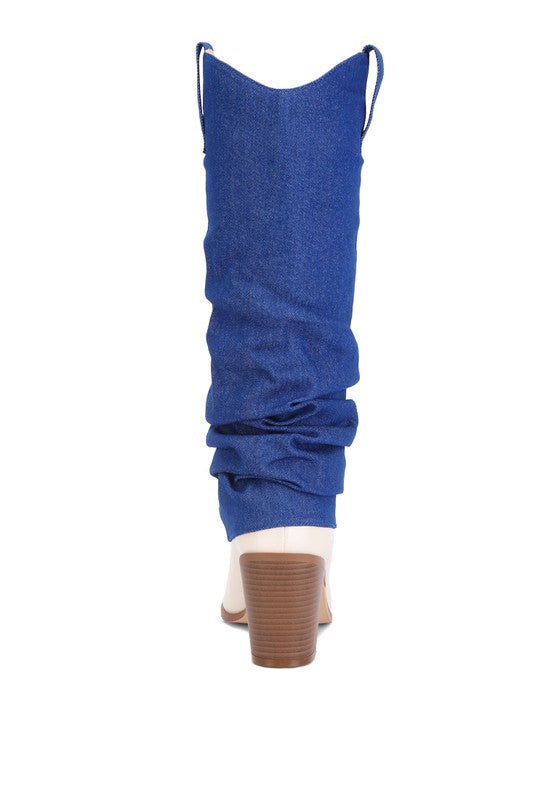 Beige Fab Cowboy Boots With Denim Sleeve Setail