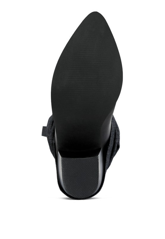 Black Fab Cowboy Boots With Denim Sleeve Setail