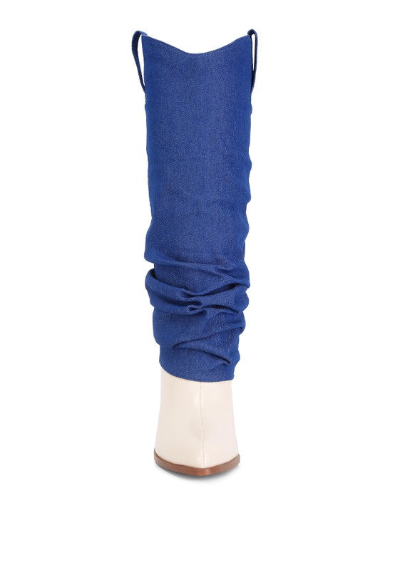 Beige Fab Cowboy Boots With Denim Sleeve Setail