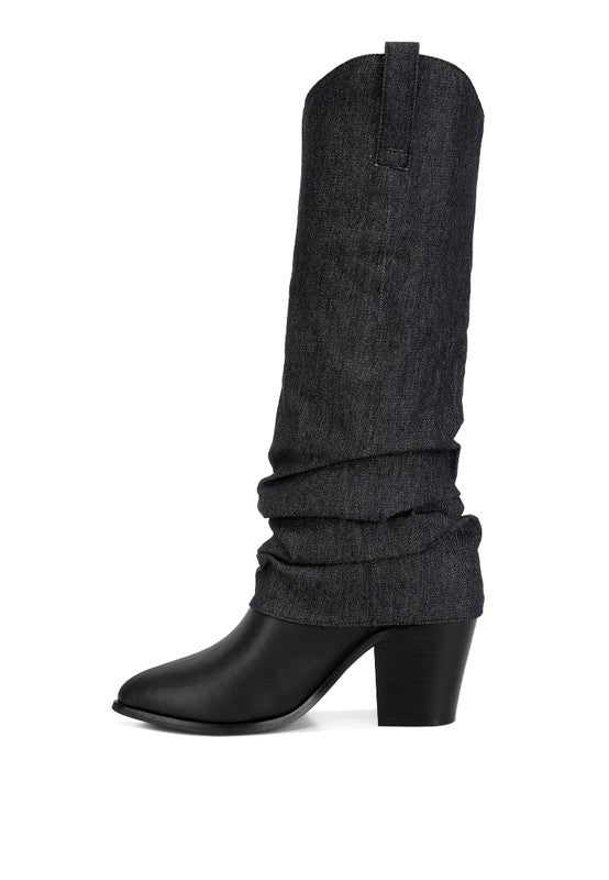 Black Fab Cowboy Boots With Denim Sleeve Setail
