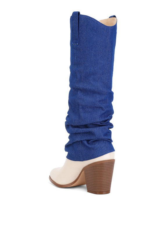 Beige Fab Cowboy Boots With Denim Sleeve Setail