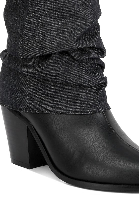 Black Fab Cowboy Boots With Denim Sleeve Setail