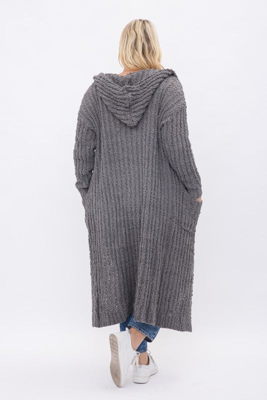 Grey PLUS RIBBED POPCORN KNIT FULL BODY HOODIE CARDIGAN