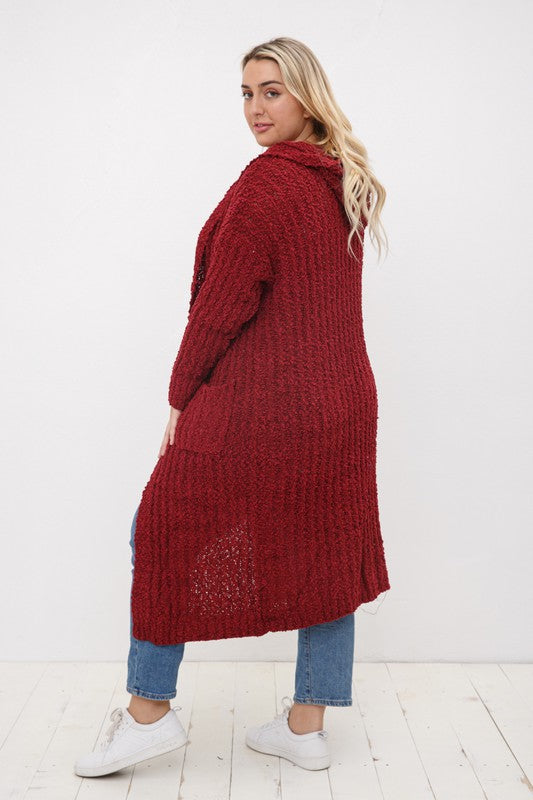 Burgundy PLUS RIBBED POPCORN KNIT FULL BODY HOODIE CARDIGAN