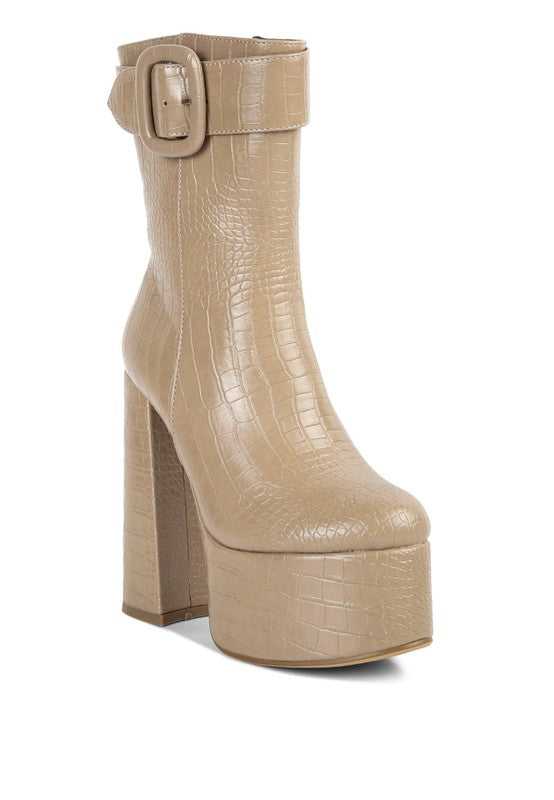 Taupe Bumpy Croc High Block Heeled Chunky Ankle Boots