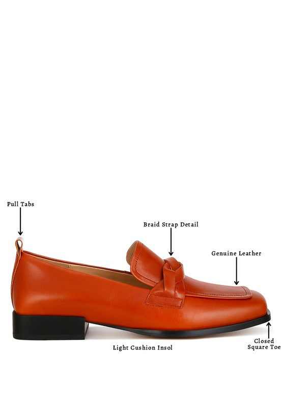 Cognac Genuine Leather Braided Loafers