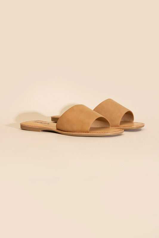 Tan Open Toe Flat Slides