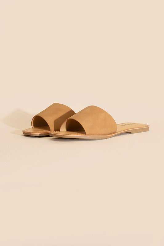 Tan Open Toe Flat Slides