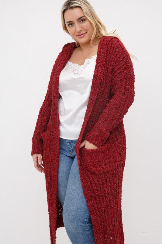 Burgundy PLUS RIBBED POPCORN KNIT FULL BODY HOODIE CARDIGAN
