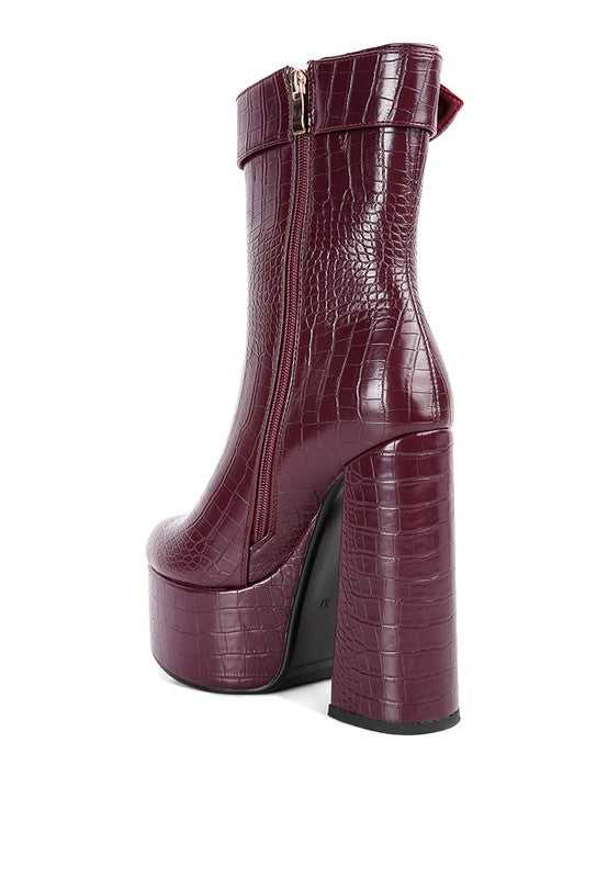 Burgundy Bumpy Croc High Block Heeled Chunky Ankle Boots