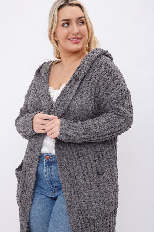 Grey PLUS RIBBED POPCORN KNIT FULL BODY HOODIE CARDIGAN