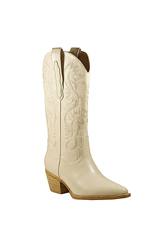 Cream Knee High Western Boots