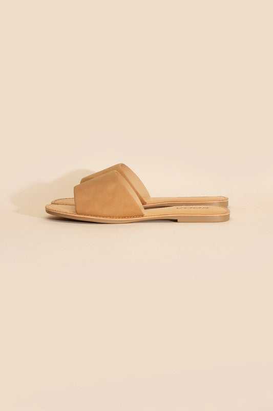 Tan Open Toe Flat Slides