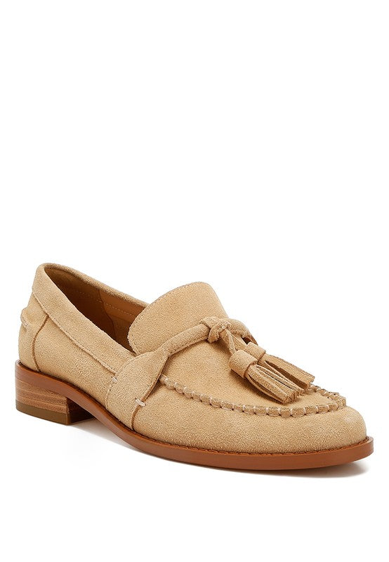 Beige Tassels Detail Suede Loafers