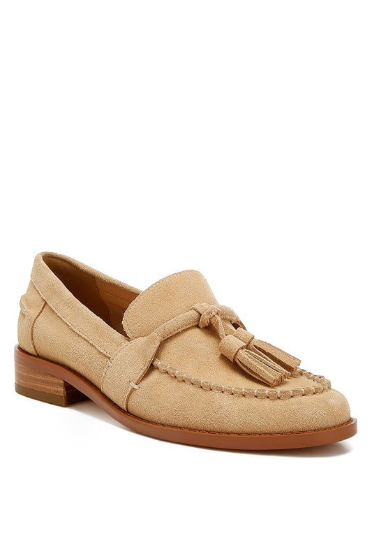 Beige Tassels Detail Suede Loafers