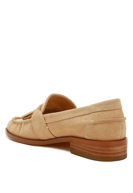 Beige Tassels Detail Suede Loafers