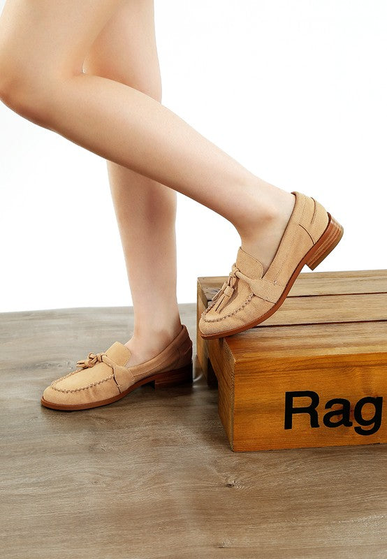 Beige Tassels Detail Suede Loafers