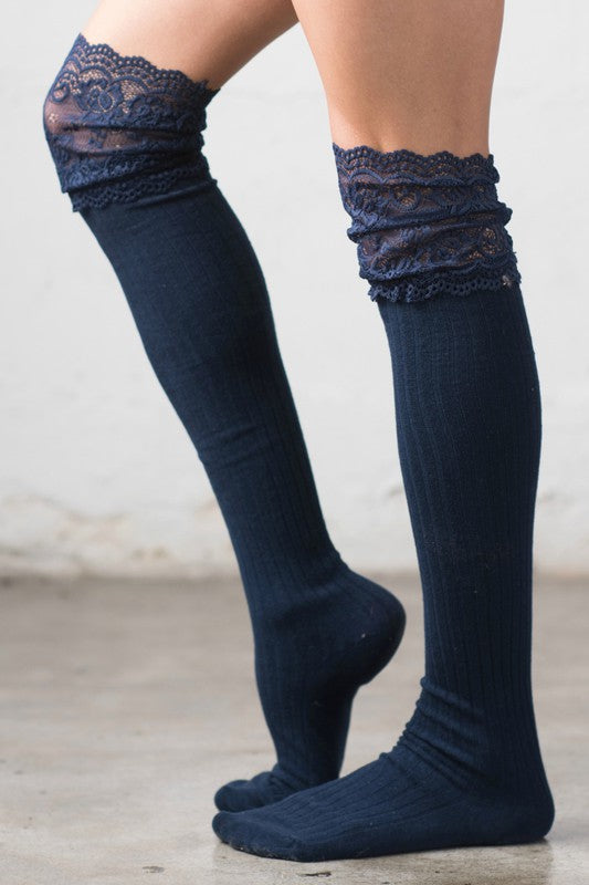 Black Lace Topped Over the Knee Socks