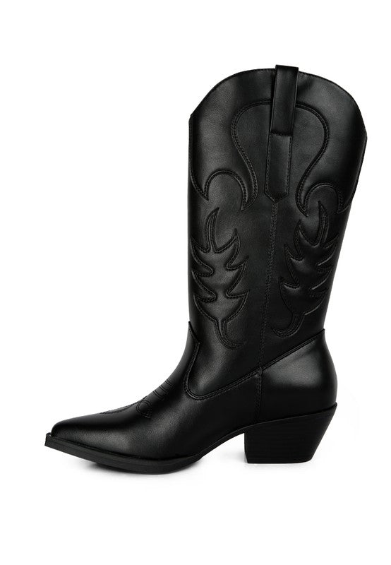 Black cowboy boot with intricate design on a white background