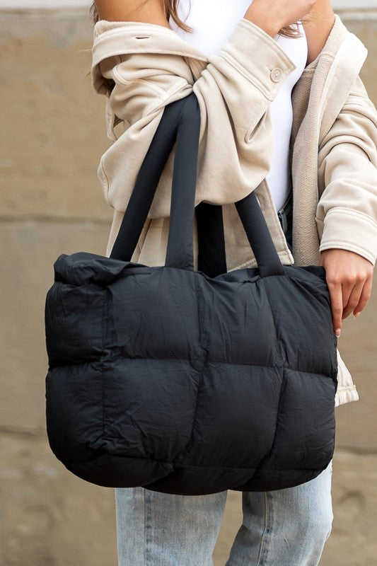 Black Nylon Puffer Tote with Zipper