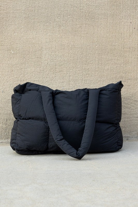 Black Nylon Puffer Tote with Zipper