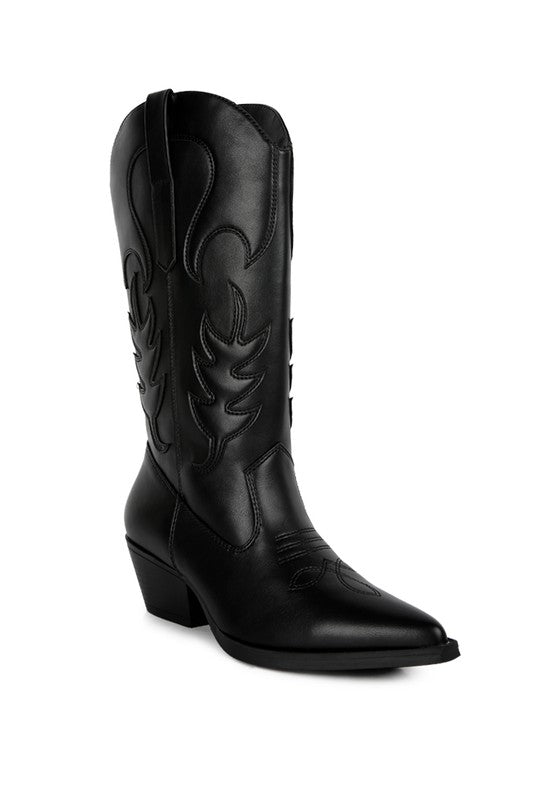 Black cowboy boot with intricate design on a white background