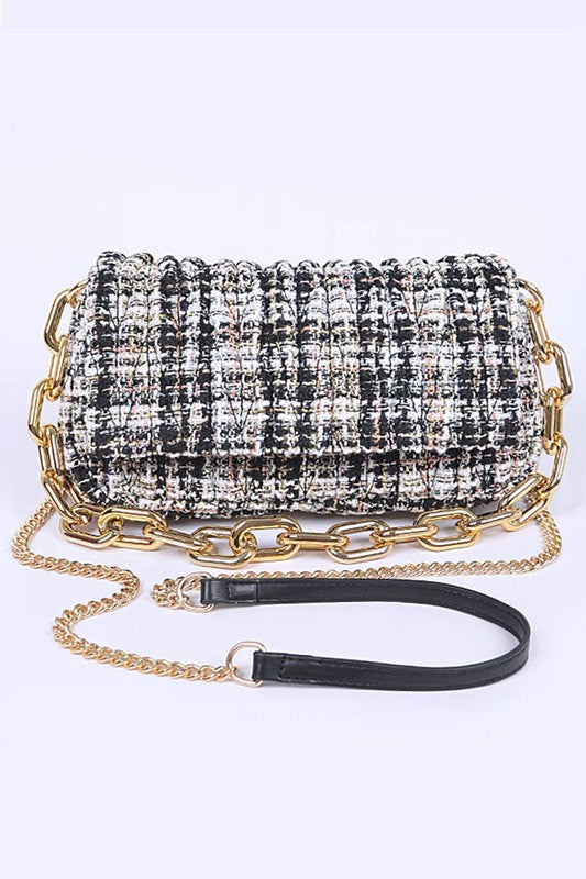 Black Quilted Tweed Chunky Chain Shoulder Bag
