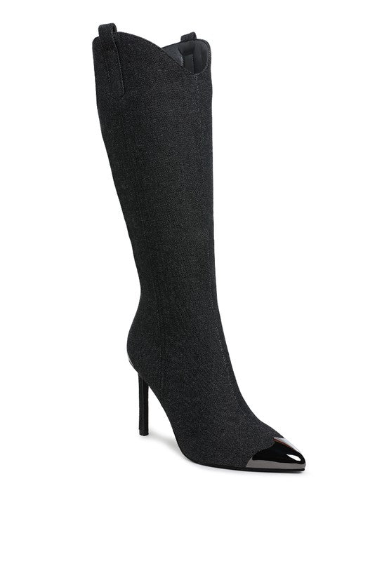 Black knee-high boot with a pointed toe on a white background