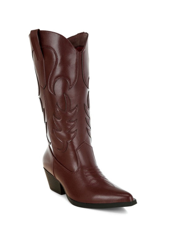 Burgundy cowboy boot on a white background