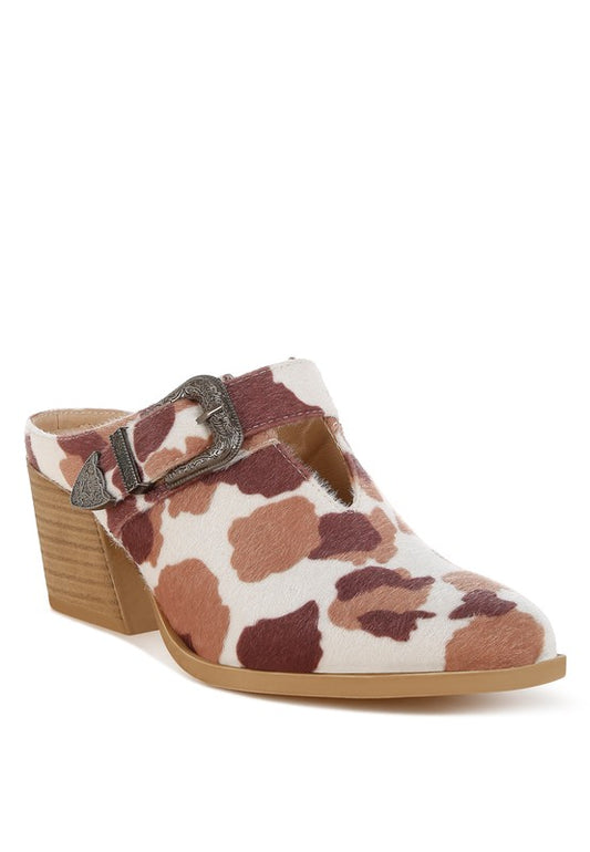 Cow Print Nometa Faux Suede Buckle Detail Mules