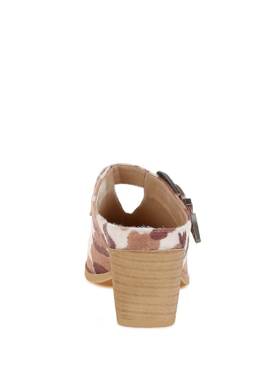 Cow Print Nometa Faux Suede Buckle Detail Mules