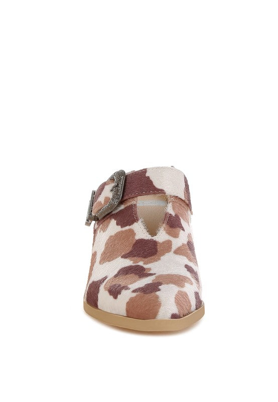 Cow Print Nometa Faux Suede Buckle Detail Mules