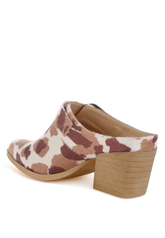 Cow Print Nometa Faux Suede Buckle Detail Mules