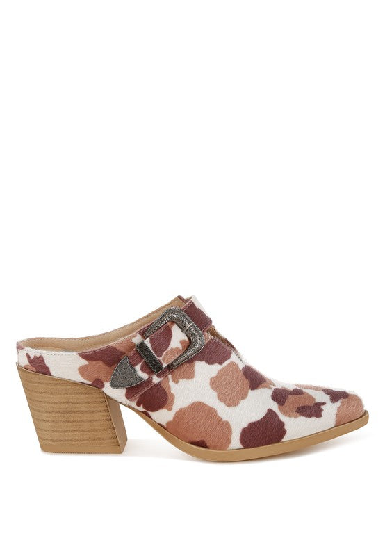 Cow Print Nometa Faux Suede Buckle Detail Mules